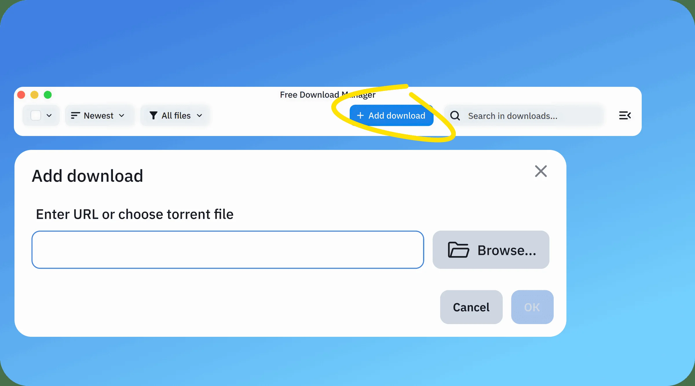 Fenêtre officielle Ajouter un téléchargement de Free Download Manager avec un champ URL