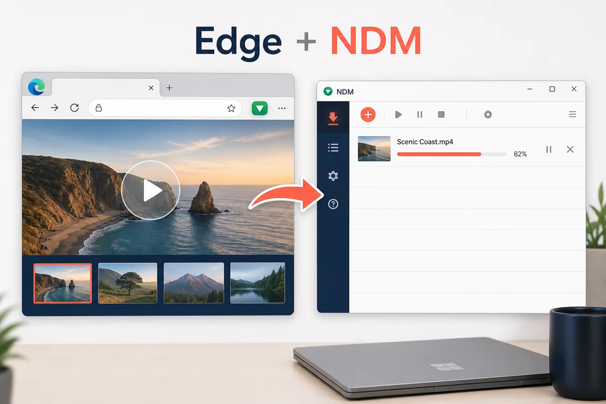 Illustrazione concettuale di Microsoft Edge che passa un link di download a Neat Download Manager