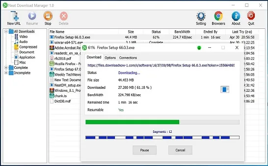 Ventana de descarga activa en Neat Download Manager con progreso y segmentos