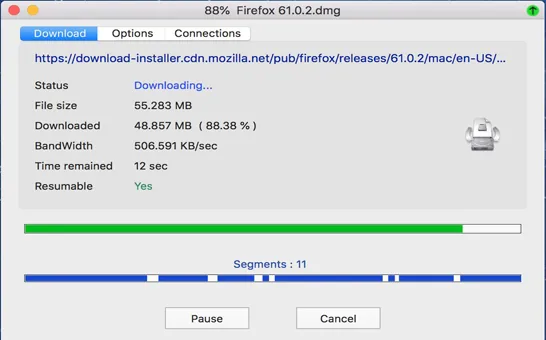 Ventana de Neat Download Manager con varios segmentos de descarga activos