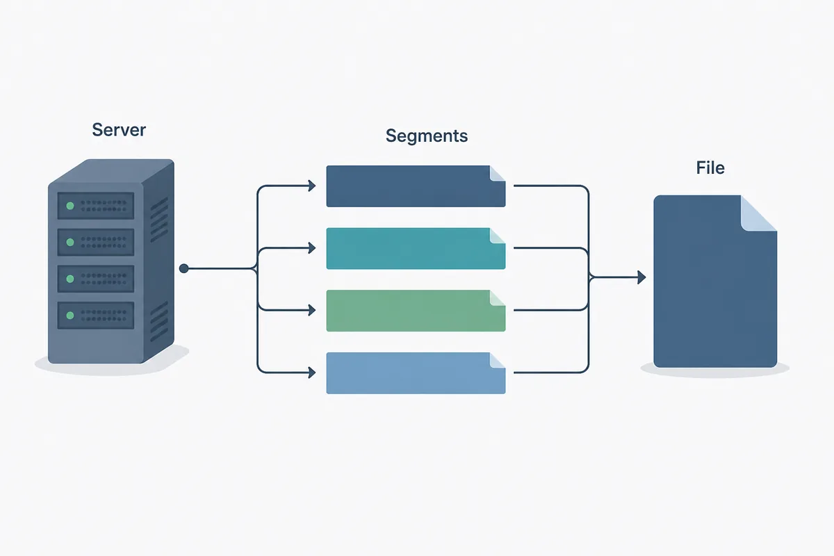 Diagrama de un servidor que divide una descarga en segmentos y los une en un archivo