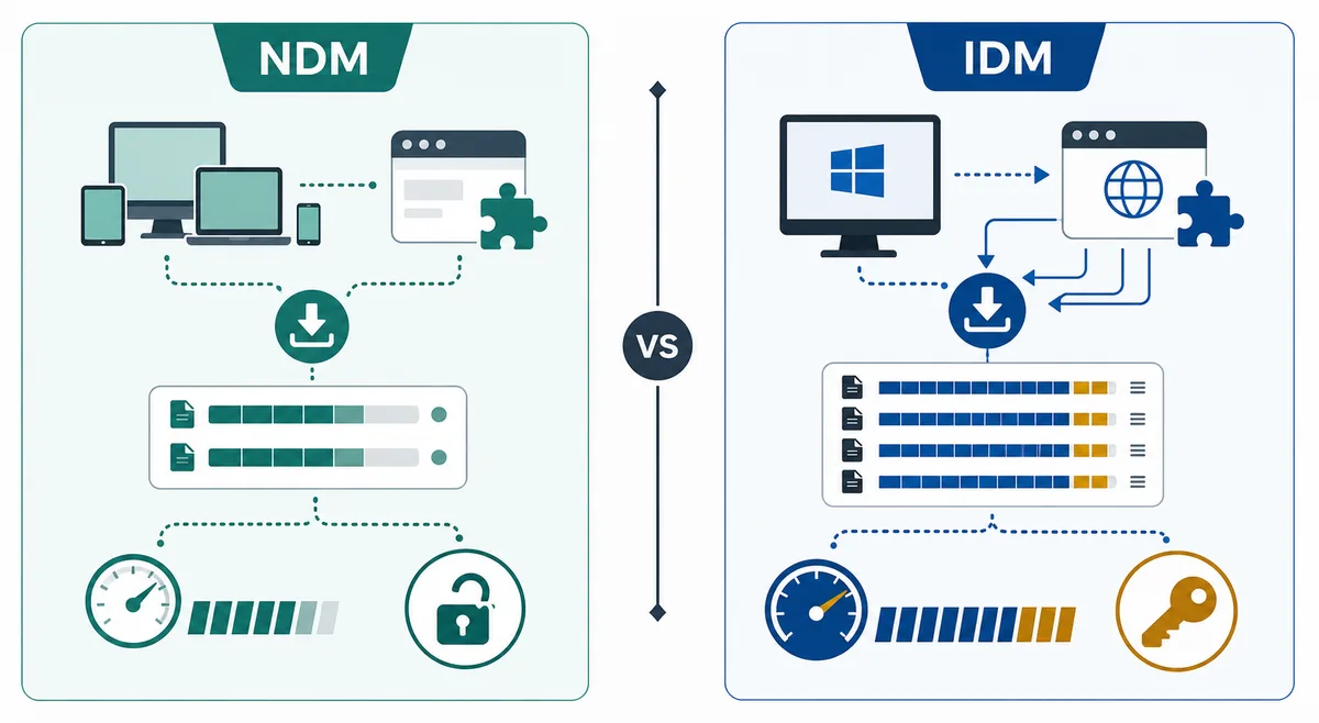 Gráfico editorial comparando Neat Download Manager vs IDM con iconos de flujo de descarga