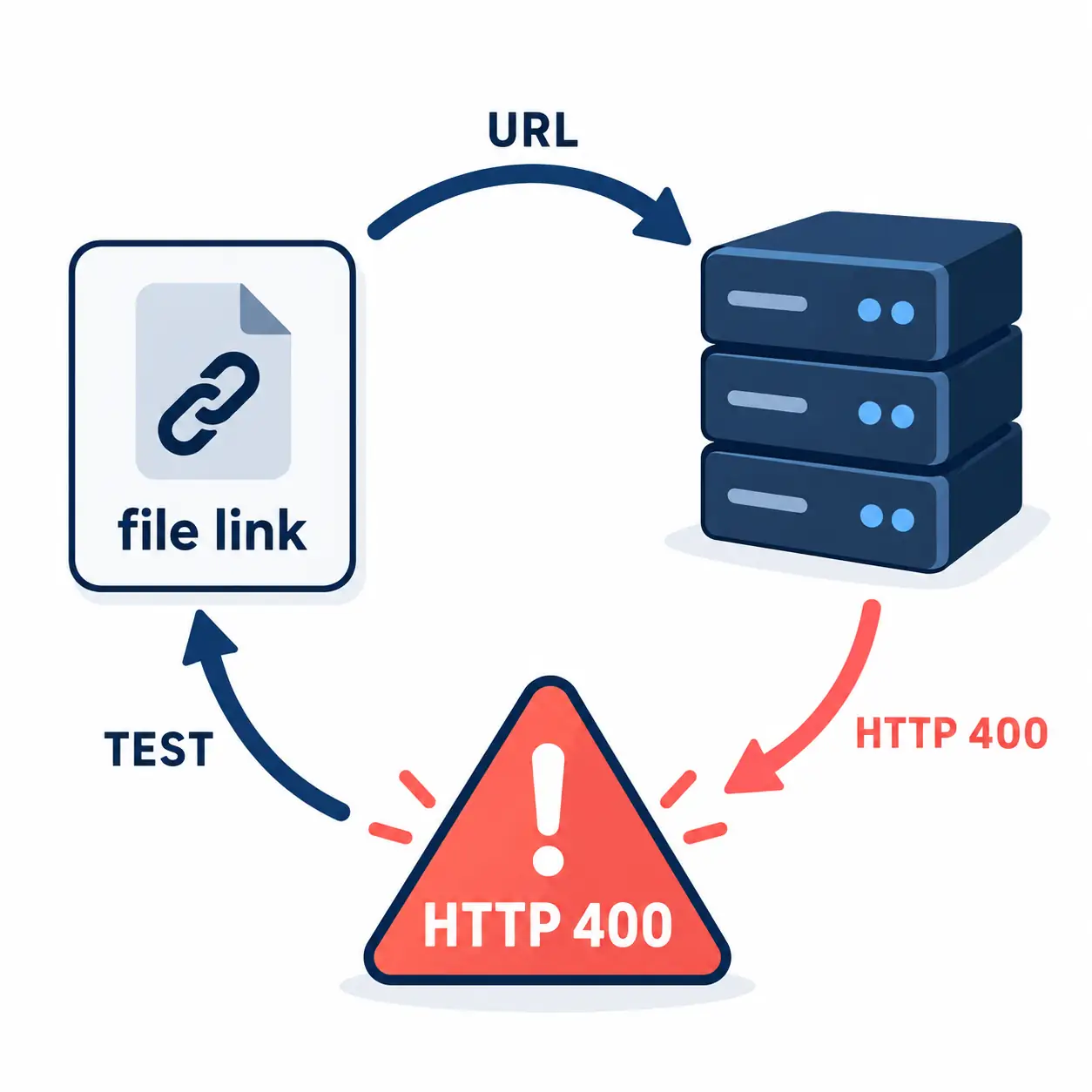 Konzeptdiagramm mit Download-Link und Server, der eine HTTP-400-Warnung zurückgibt