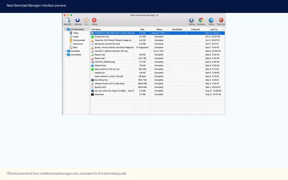Capture de l’interface de Neat Download Manager affichant la fenêtre du gestionnaire de téléchargements