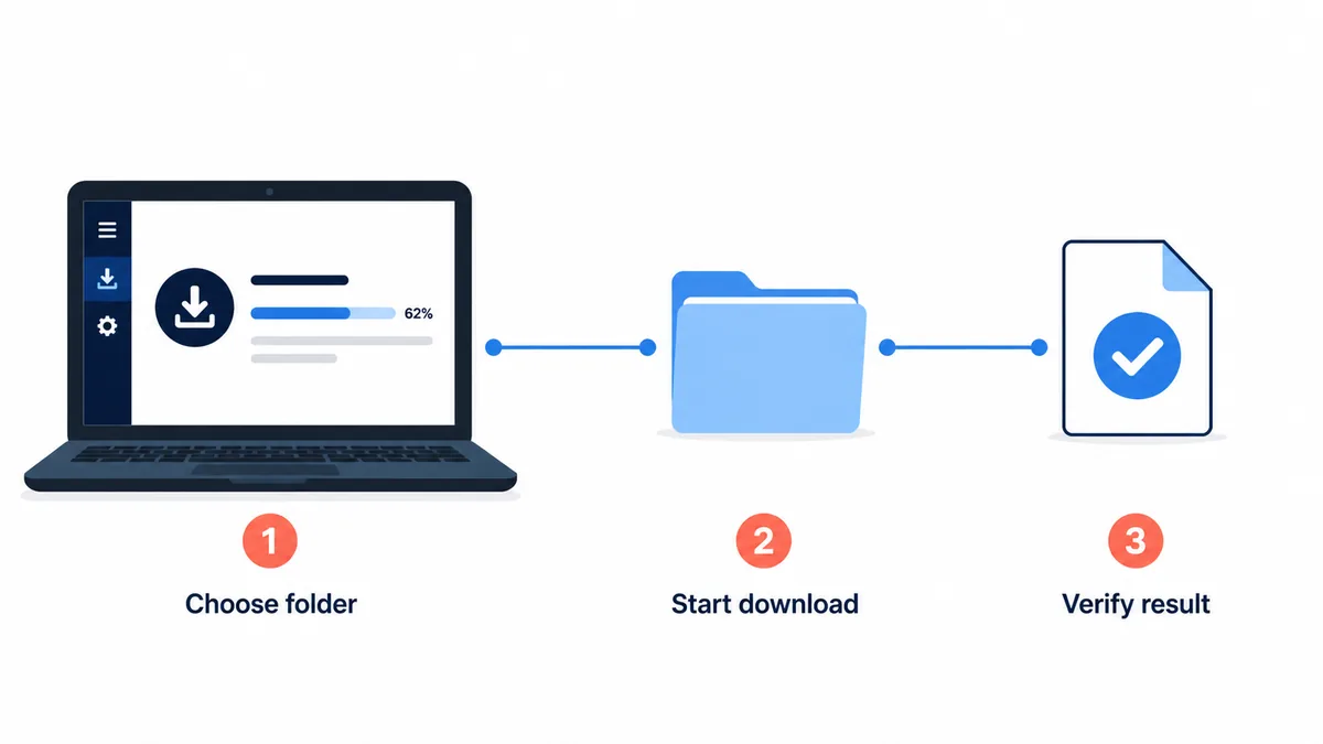 Conceptual three-step workflow showing folder selection, download start, and result verification