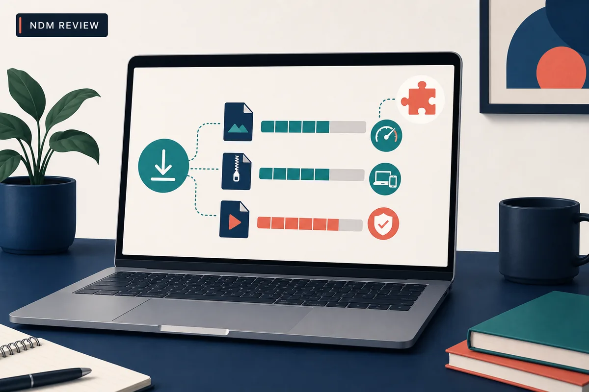 Illustrazione editoriale con portatile, barre di download, simbolo di estensione e controllo della fonte per una recensione NDM