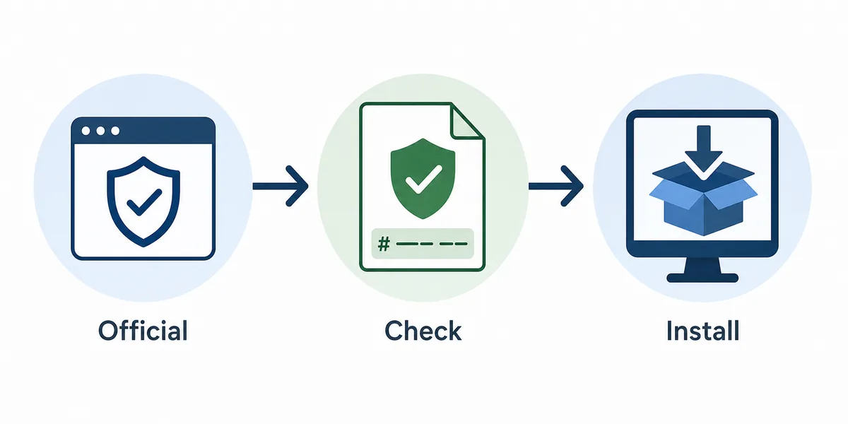 Ilustración con fuente oficial, comprobación de archivo e instalación de Neat Download Manager