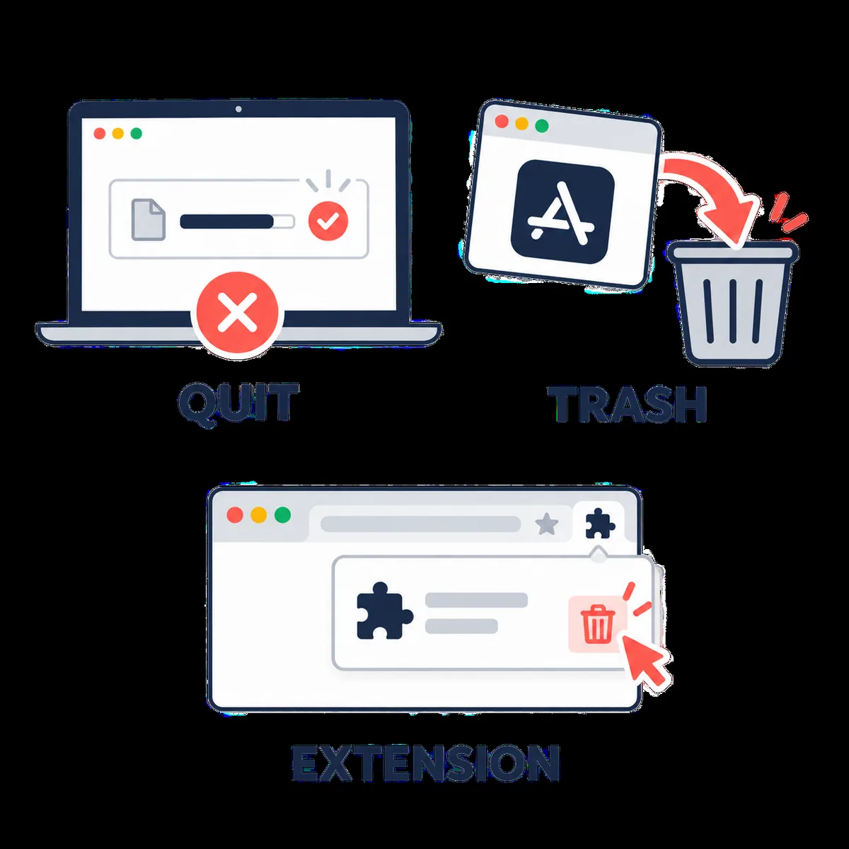 macOS-Illustration, die das Entfernen der App getrennt von der Browser-Erweiterung zeigt