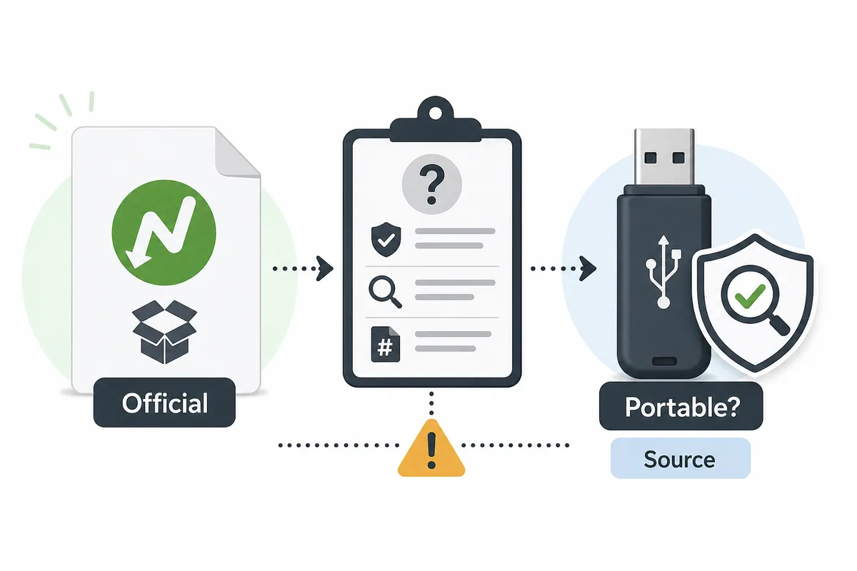 Gráfico editorial que compara un instalador oficial con una descarga portable USB dudosa